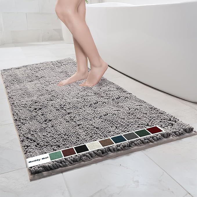 Muddy Mat® | Chenille Bathroom Rugs Quick Dry Microfiber Mats Non Slip Washable, Extra Thick, Soft and Highly Absorbent Bath Mats for Bathroom, Kitchen, and Shower Floor - Grey 36"x60"