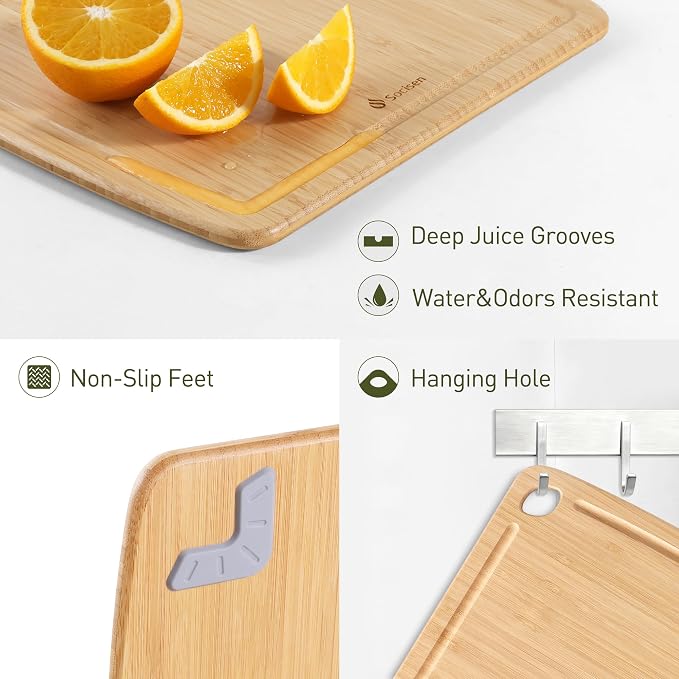 Lightweight Durable Bamboo Cutting Board with Non-Slip Feet, Extra Large Big Wood Cutting Boards for Kitchen with Juice Groove, Wooden Charcuterie & Chopping for Fruit, Vegetables & Cheese