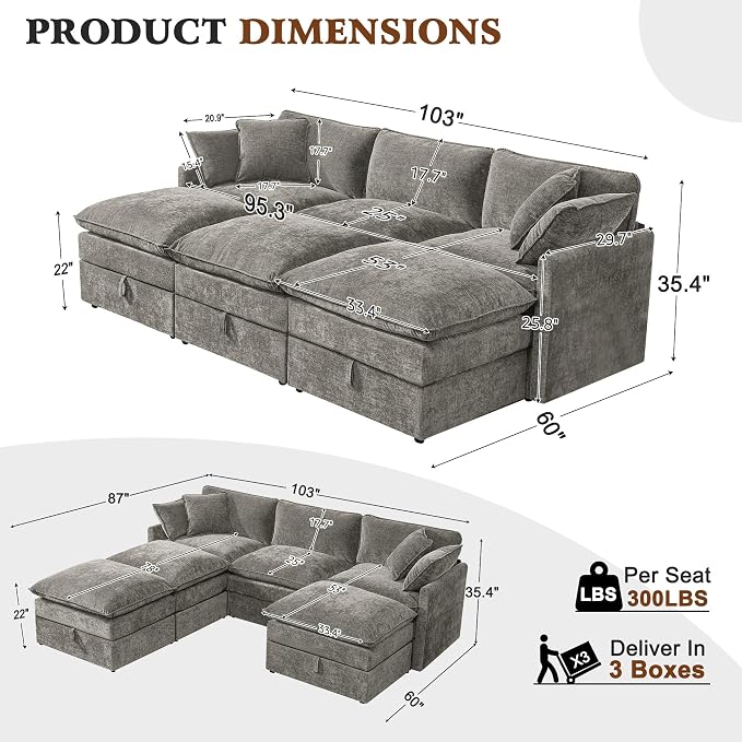Ihanherry Oversized Sectional Sofa Bed with Storage, 103" 6-Seater Modular Cloud Couch with Movable Ottomans, Chenille Deep Seat Sleeper Couches for Living Room (Grey)