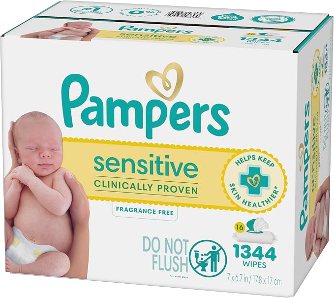 Pampers Sensitive Baby Wipes, Clinically Proven, Fragrance Free, Unscented, Water Based, Hypoallergenic, Multi-Use, Hand Wipes 1344 Wipes Total (24X Flip-Top Packs) [Packaging May Vary]