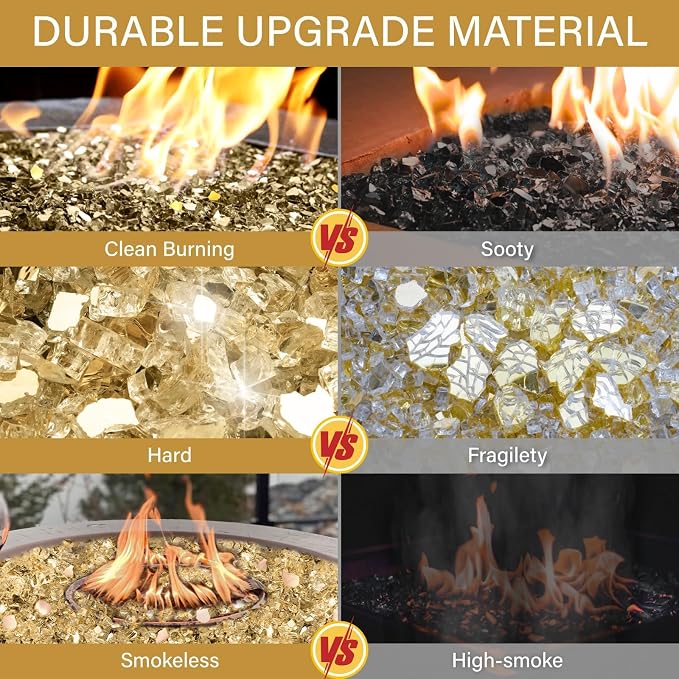 NUPICK 20 Pound Fire Glass, 1/2 Inch Reflective Fire Pit Glass | Tempered Fire Pit Rocks for Propane or Natural Gas, Glass Rocks for Fire Pit Table, Fireplace, Fire Bowl, Landscaping, Gold