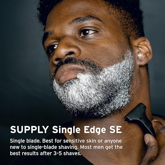 SUPPLY Single Edge SE Shaving Starter Kit for Men – Includes Safety Razor in Matte Black, 8 Black Label Blade Refills and Shaving Cream 3.4 oz & Post Shave Lotion 2 oz in Sandalwood & Cedar