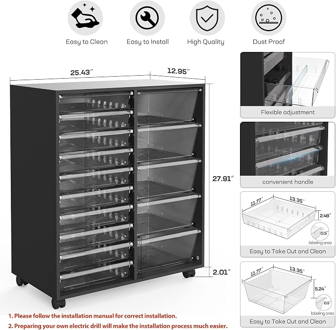 WOPITUES Mobile Storage Cabinet with 15 Clear Drawers, Craft Cabinet with 5 Large Drawers, Cart with Wooden Tabletop, Printer Stand Home Office, Dresser Chest, Modern Black