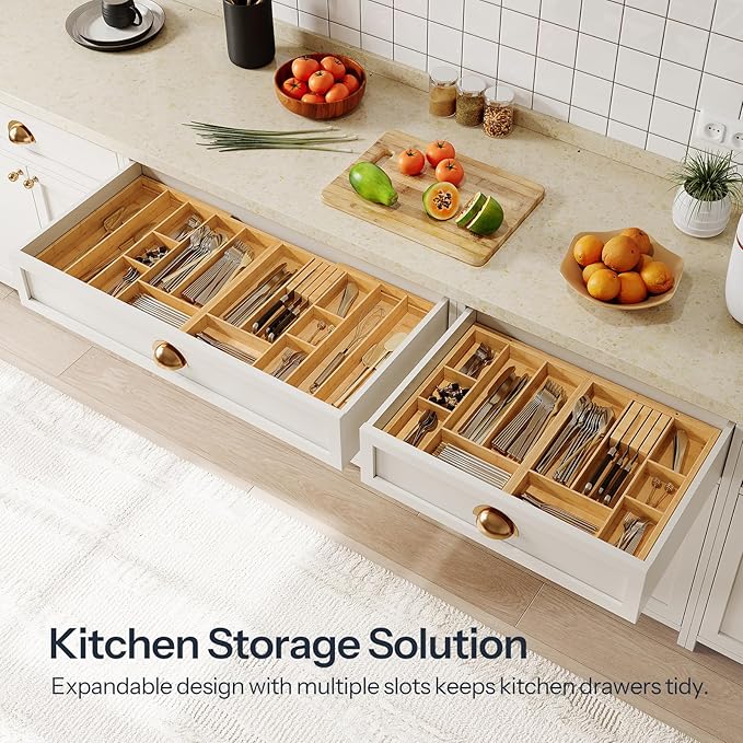 HOOBRO Large Silverware Organizer Kitchen Drawer Organizer, Magnetic Connected Expandable Utensil Organizer From 22 to 35 Inches, Bamboo 16 Slots Cutlery Tray with Knife Holder, Natural YL07TL01