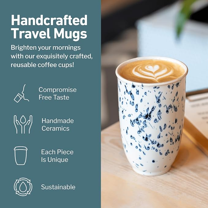 NOVA CERAMICS Travel Mug - Travel Size Mug – Reusable Coffee Mug Unique to Go Mug – Microwave & Dishwasher Safe Coffee White & Blue Tumbler - Gifts for Women Men Him Her – 12oz – Orchid