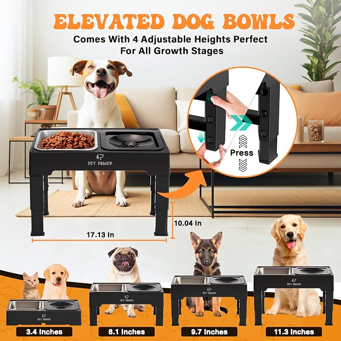 Elevated Dog Bowls, Raised Dog Bowl Stand with 4 Adjustable Heights, Stainless Steel Food Bowl & No-Spill Water Bowl – Dog Bowls Elevated for Small, Medium & Large Dogs