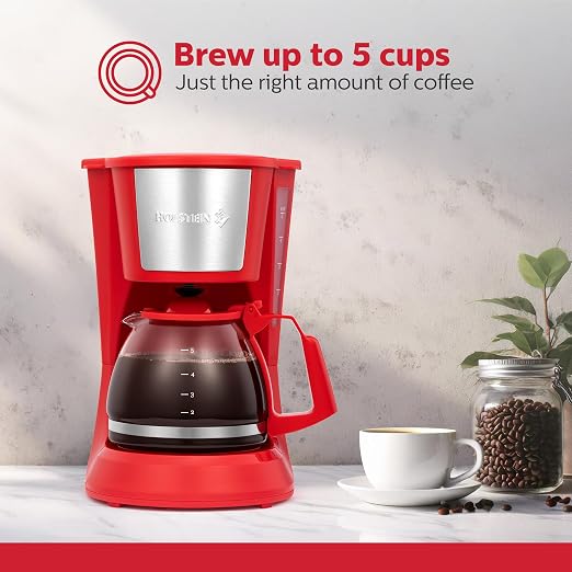 Holstein Housewares 5 Cup Drip Coffee Maker – Compact and User-Friendly with Auto Pause & Serve, Reusable Filter, Measuring Spoon & Glass Carafe, Office & Dorm Use, Red