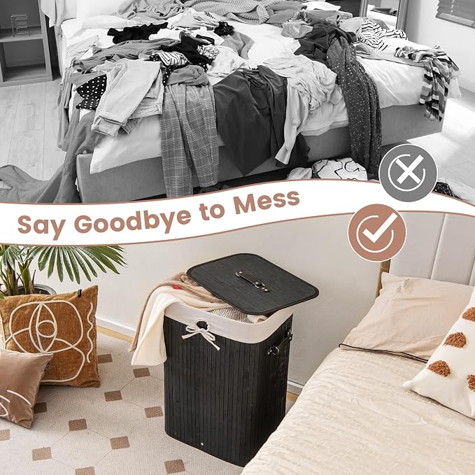 Giantex Bamboo Laundry Hamper with Lid Removable Liner & Handles | 72L Large & Tall Clothes Hamper, Rectangular Laundry Basket for Small Spaces, Laundry Room, Bedroom, Black