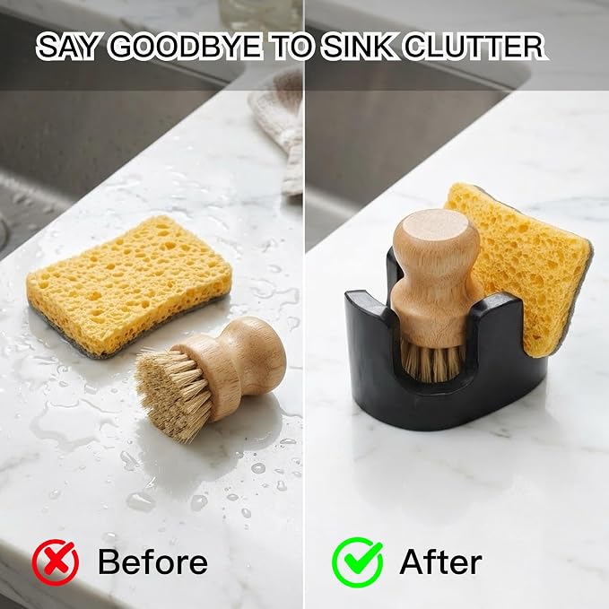 Black Marble Sponge Holder for Kitchen Sink, 2-in-1 Natural Stone Sponge & Brush Holder with Raised Edge, Keeps Countertops Dry, Heavy & Stable, Non-Slip Base, Modern Luxury Kitchen Decor
