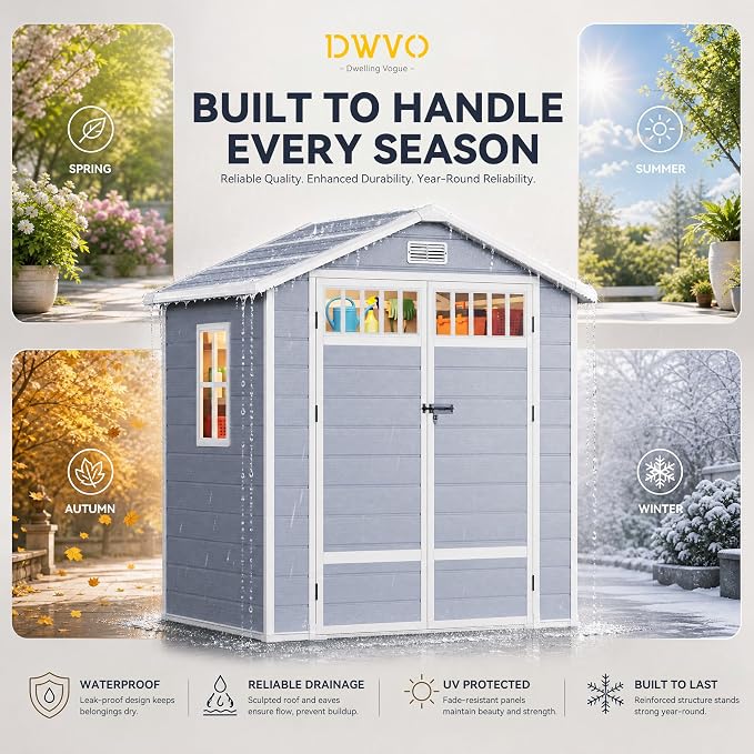DWVO 6x4.4 FT Outdoor Storage Shed with Fence-Style and Side Windows, Lockable Door and Vents, Resin Storage Shed, Tool Shed for Garden Backyard Patio Lawn