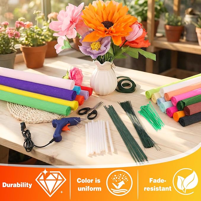 188 Pcs Heavy Crepe Paper Kit, 24-Color 16.5×98 Inch Rolls, with Glue Gun, Scissors, Wire, Floral Tape, Floral Stems - Perfect for Crepe Paper Flowers, Piñatas, Wedding Party Decor, DIY Craft Projects