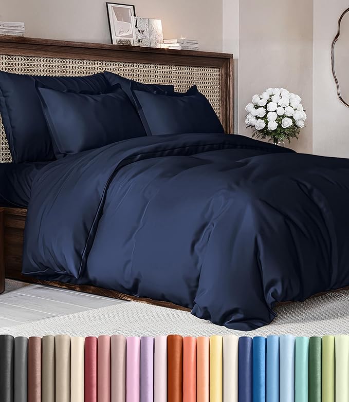 Duvet Cover Full Size Set - Extra Soft Full Duvet Cover 80" x 90" with 2 Pillow Shams for Women, Men, Kids & Teens - Hotel Luxury, Easy-Care w/ Zipper Closures & Ties - Comfy & Breathable (Navy Blue)