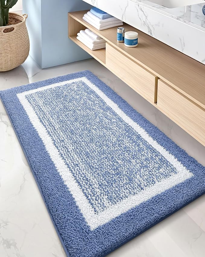 Color&Geometry Simple and Stylish Bathroom Runner Non Slip, 24"x43" Blue Bath Runner Rug, Absorbent, Soft, Washable, Microfiber Bath Mat Bathroom Carpet