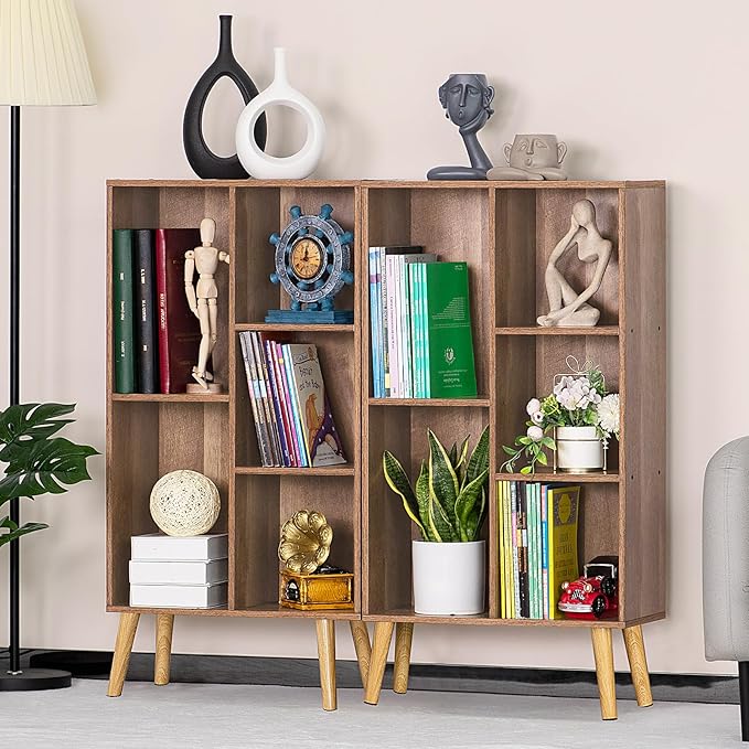 LEYAOYAO 5 Cube Bookshelf, Mid-Century Modern Book Shelf with Legs, Oak | 3 Tier Bookcase, Rustic Wood Bookshelves Freestanding Small Storage Organizer, Open Shelves for Bedroom, Living Room, Office