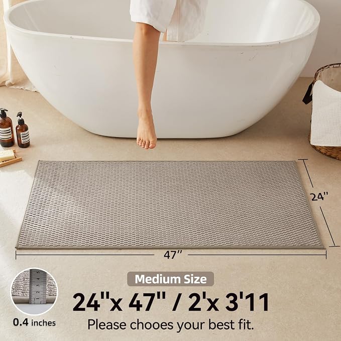 Triohero Bathroom Rugs Non Slip Washable, Super Absorbent Thin Bath Mat Quick Dry Low Pile Bathroom Rug, Beige 24"x47"