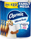 Charmin Ultra Soft Cushiony Touch Toilet Paper, 24 Family Mega = 123 Regular Rolls, White