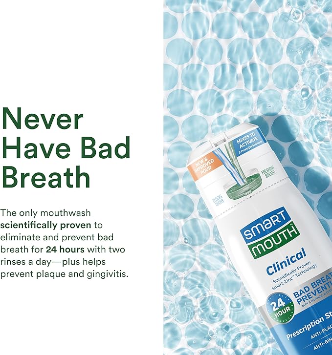 SmartMouth Clinical Zinc Activated Mouthwash - Anti-Plaque & Anti-Gingivitis for Healthy Gum Support - All-Day Fresh Breath - Alcohol-Free, Sugar-Free, & Gluten-Free - Clean Mint - 16 fl oz (2 Pack)