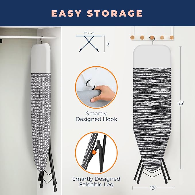 Ironing Board, Compact and Space Saver Iron Board, Safety Ironing with Park Zone and 4 Layers Extra Thick Cover, Patented Lock System for Foldable Leg, Easy Storage with Smart Hanger (13x43)