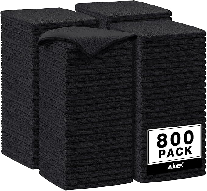 AIDEA Microfiber Cleaning Cloth Black, 800PK, Microfiber Towels for Cars, Shop Towels Cleaning Rags, Premium Wash Cloths, Absorbent Towel for SUVs, House, Kitchen, Commercial, Cleaning Supplies 12×12"