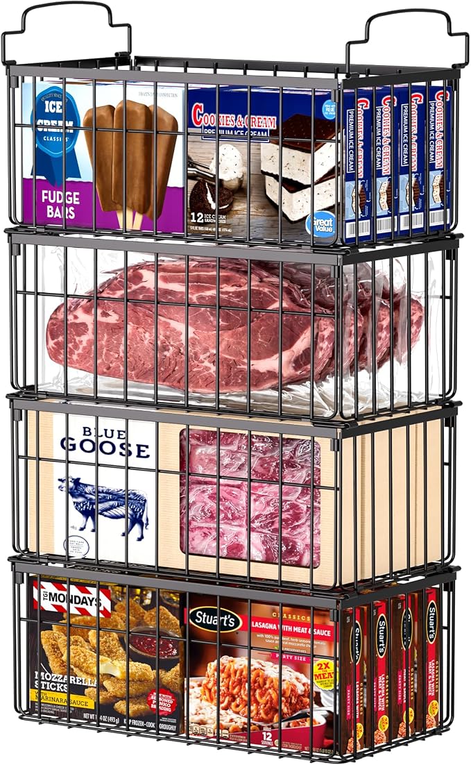 Freezer Organizer Bins, 4 Pack Big Baskets for 5/ 7 Cu.FT Deep Freezer | Stackable Chest Freezer Organizer Bins, Foldable Baskets with Handles, Black Storage Container Baskets for Sort Frozen Meats