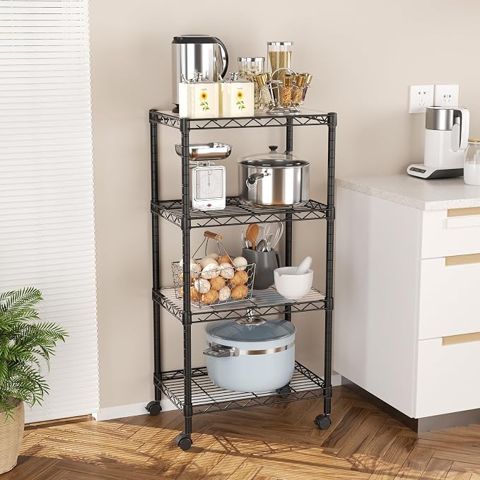 SINGAYE 4 Shelves Storage Shelf Wire Shelving Unit Metal Adjustable Wheels | Small Shelf Storage with Wheels Organizers Closet Unit for Bathroom Laundry Room Kitchen Pantry11.5D x 17.5W x 45H Black