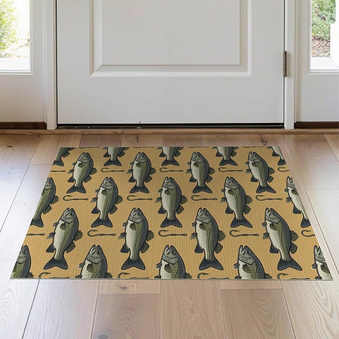 2'x3' Washable Area Rug Bass Lure Hook Motif Tackle Border Angler Lake Vintage Fish Fishing Refined for Bedroom, Nursery, RV, Pet Friendly & Kids Safe Bedside