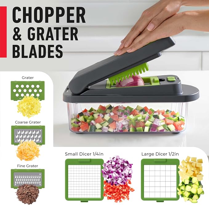 MUELLER HOME Pro-Series 10-in-1, 8 Blade Vegetable Chopper, Onion Mincer, Cutter, Dicer, Egg Slicer with Container, French Fry Cutter Potato Slicer, Home Essentials, Salad Chopper,Gray/Green