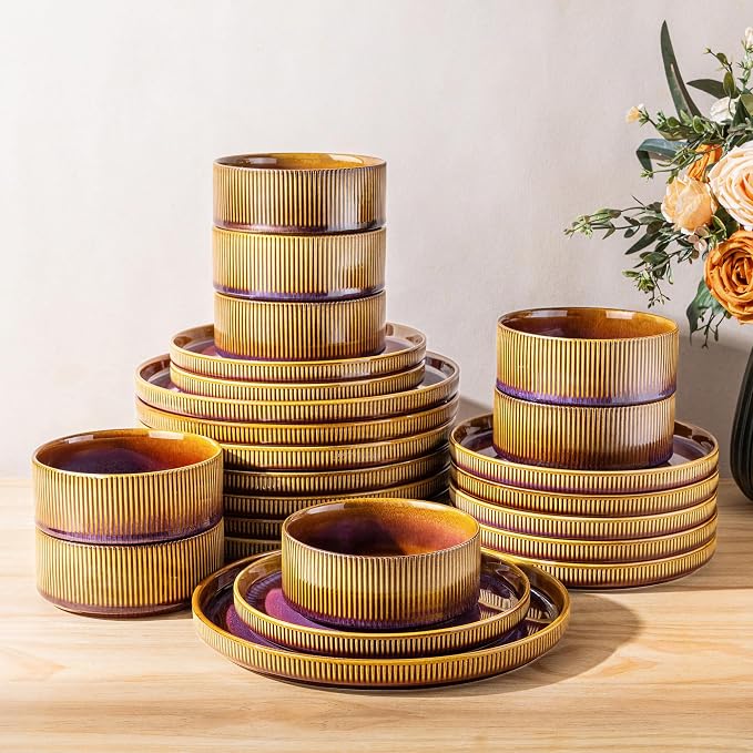 TheTerra Ceramic Dinnerware Sets for 8, 24 Pieces Porcelain Lightweight Plates and Bowls Sets, Scratch Resistant Dish Set, Oven & Microwave & Dishwasher Safe, Amber Amethyst