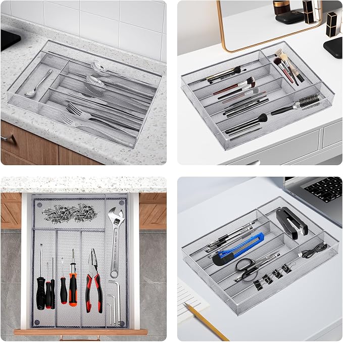 Neudeco Silverware Drawer Organizer, Silver, 5 Compartment | Mesh Wire, Non-Slip Feet, Cutlery Tray, Flatware Storage Divider