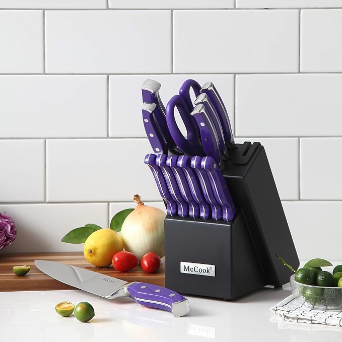 McCook MC27 14 Pieces Stainless Steel kitchen knife set with Wooden Block, Kitchen Scissors and Built-in Sharpener, Purple | German Forged Stainless Steel,15 PC,Razor Sharp, Anti-Rust, Ergonomic Handle,Full Tang,Vibrant Purple,Gift Box