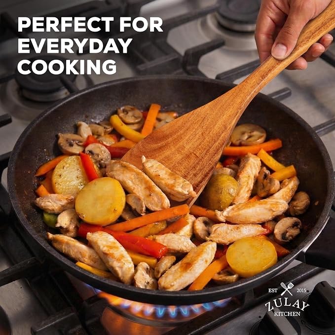 Zulay Kitchen 12-Piece Teak Wooden Utensils for Cooking - Natural Teak Utensil Set with Premium Gift Box - Non-Stick Wooden Spoons for Cooking - Kitchen Gift Set - Comfortable Grip Wooden Utensil Set