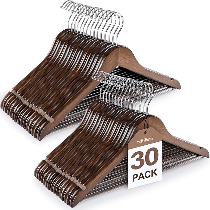 TOPIA HANGER Wooden Coat Hangers 30 Pack, Vintage Wood Suit Hangers with Non Slip Pants Bar, 360° Swivel Hook and Shoulder Notches for Camisole, Jacket, Pants, Smooth Finish Clothes Hangers - CT34A30
