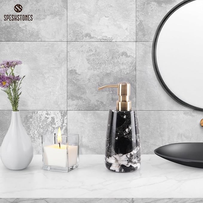 Marble Soap Dispenser 7.5'' Black Dish Soap Dispenser with Stainless Steel Pump, Refillable Liquid Hand Soap Dispenser with 8.5 Oz Capacity for Kitchen Sink and Bathroom Countertop