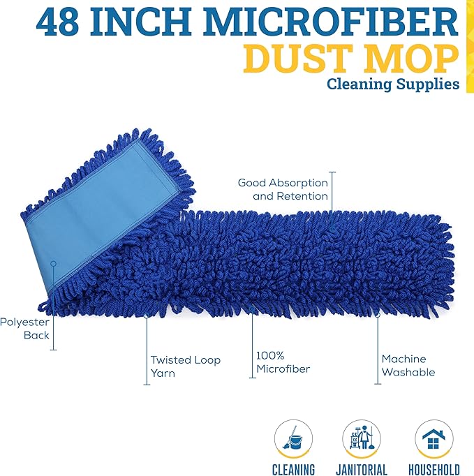 KLEEN HANDLER 48 Inch Microfiber Dust Mop Bulk Pack of 12, X-Large Washable Commercial Dust Mop, Sweeper, Janitorial Mop Head Replacement, Push Mop Broom, Blue