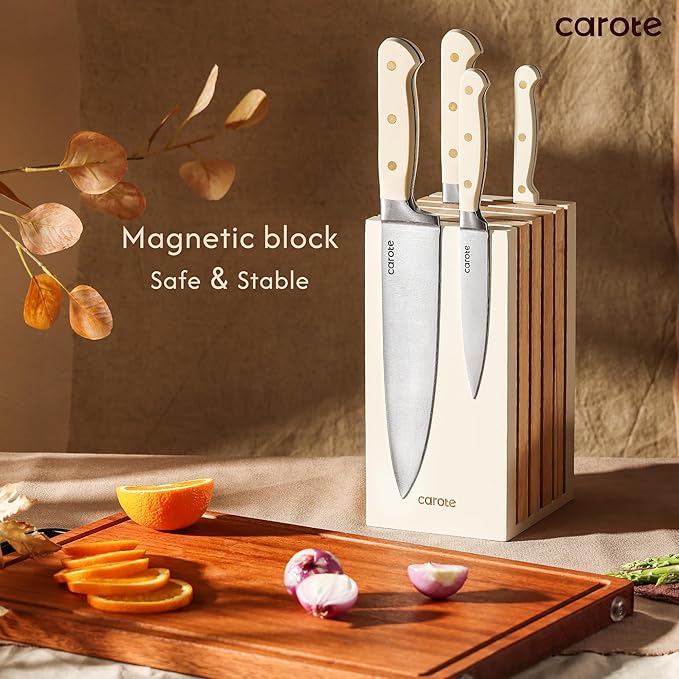 CAROTE 11-Piece Kitchen Knife Set with Magnetic Wood Block, Beige | Razor-Sharp Stainless Steel Knives, Long-Lasting Sharpness, Rust-Resistant, Triple-Riveted Ergonomic Non-Slip Handles