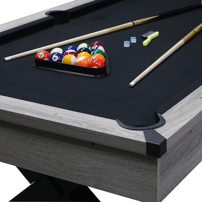 KEIKI 7FT Pool Table with Billiard Balls, Cues, Pool Cue Chalk, | Cleaning Brush, X-Legs, Black Cloth, Rustic Grey
