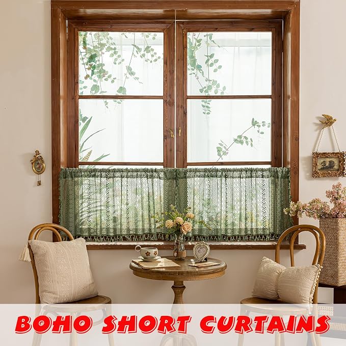 Sutuo Home Olive Green Boho Window Curtains Valance 18 inches Long 2 Panels, Farmhouse Lace Sheer Closet Decor Crochet Privacy Vintage Bohemian Tassels Retro Small Kitchen Curtains Rod Pocket, 50" W
