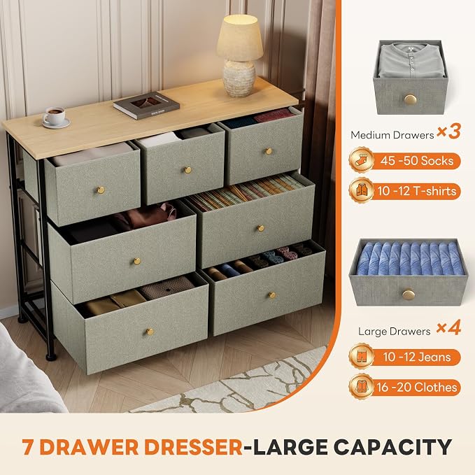 Sweetcrispy 7 Drawer Dresser with Fabric Bins, Fabric Storage Tower Organizer for Bedroom, Closet, Hallway, Entryway, Tall Chest of Drawers with Steel Frame, Wood Top, Large Storage,Dark Green