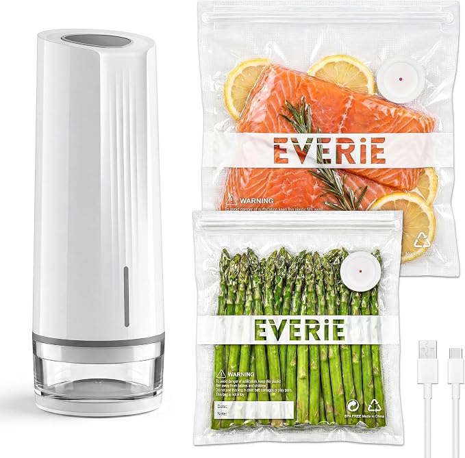 EVERIE HS100 Handheld Vacuum Sealer for Food, Rechargeable Portable Mini Sealer with 30 Reusable Valve Bags(15S+15M), for Meal Prep, Fridge, Freezer & Sous Vide Cooking