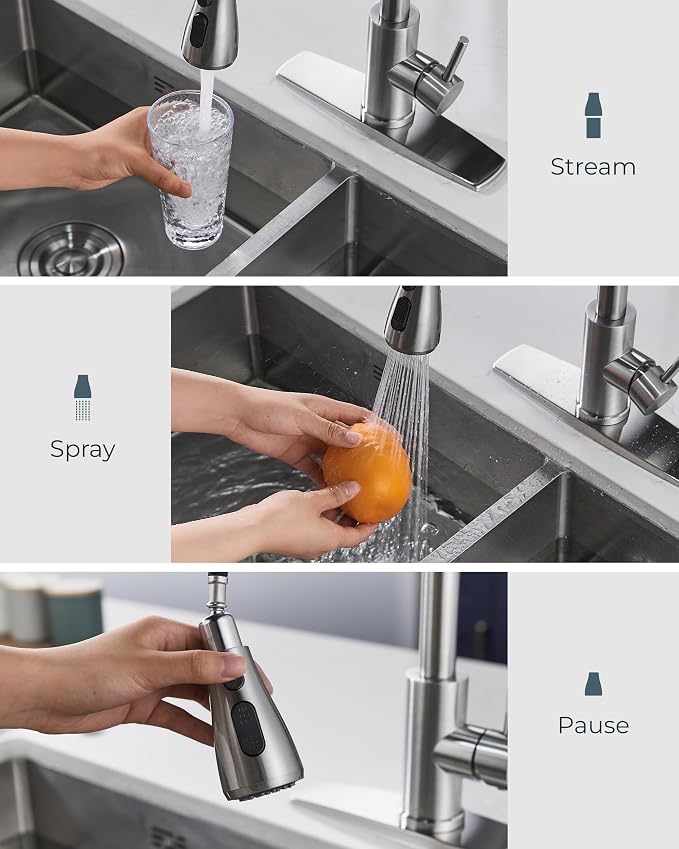 FORIOUS Kitchen Faucets with Pull Down Sprayer, Brushed Nickel High Arc Single Handle Stainless Steel Bar Sink Faucet with Deck Plate for 1 or 3 Hole, Suitable for Farmhouse RV Camper Laundry