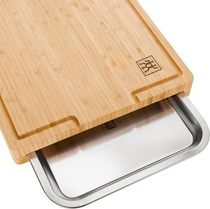 ZWILLING BBQ+ Cutting Board with Stainless Steel Tray, Bamboo Wood, 15.5-inch x 12-inch