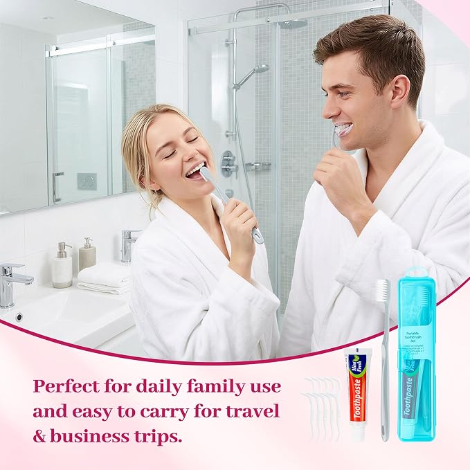 Travel Toothbrush Kit Includes Travel-Sized Toothbrushes, 25g Travel Toothpaste, 5 Floss Picks, a Travel Toothbrush Holder, Ideal for Home, Hotels (Blue, Green, Pink, Black, 48-Pack)