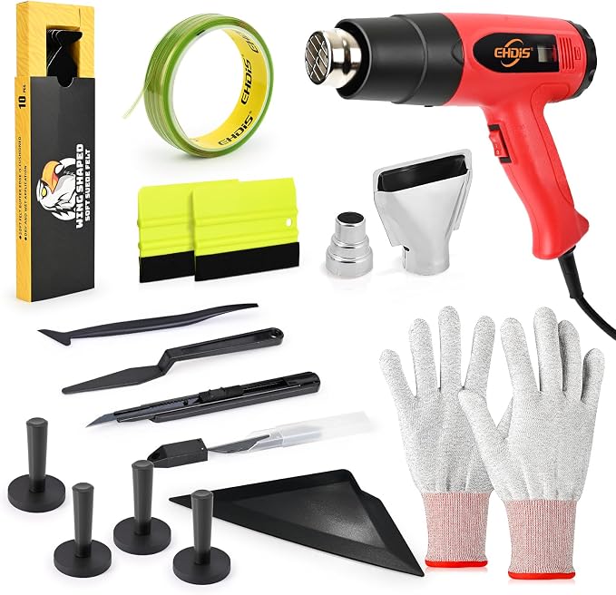 EHDIS Professional Vinyl Wrap Tool Kit with Heat Gun – Complete Car Wrapping Tools for PPF, Tint & Decals | Includes Squeegees, Knives, Gloves & Knife Less Finish Line