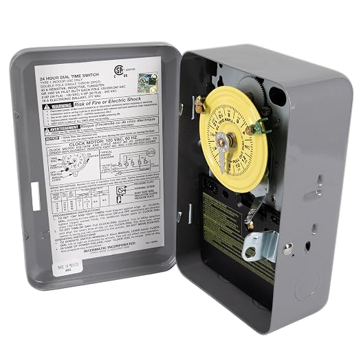 Intermatic T104 24-Hour Mechanical Timer Switch - 208–277 VAC, DPST, Indoor Metal Enclosure, Heavy-Duty, Manual Override, 40 Amp - Ideal for Lights, Pumps, Fans, and HVAC Systems