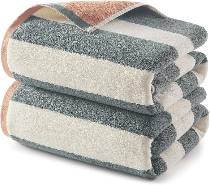 REDKISS 2 Pack Extra Large Striped Bath Towels, 31 x 63 Inches, 100% Cotton, Larger & Quicker to Dry, Super Soft and Highly Absorbent Towel, Perfect for Bathroom, Grey