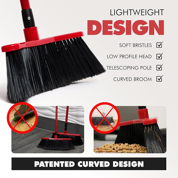 Da Vinci Angle Broom Dustpan Combo Set – Pack of 2, 16" Curved Head, 52" Adjustable Telescopic Handle, Soft PVC Bristles, Indoor Outdoor Broom and Dustpan Set for Kitchen, Pet Hair, Dust & Debris