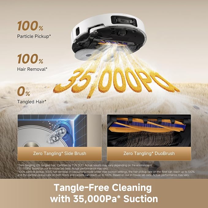 DREAME L60 Ultra Robot Vacuum and Mop, 35,000Pa Suction, Detangling Brush, AI-Enhanced 3D ToF Vision, 100℃ Mop Self-Cleaning, 280+ Object Types, Extendable Side Brush and Mop, White