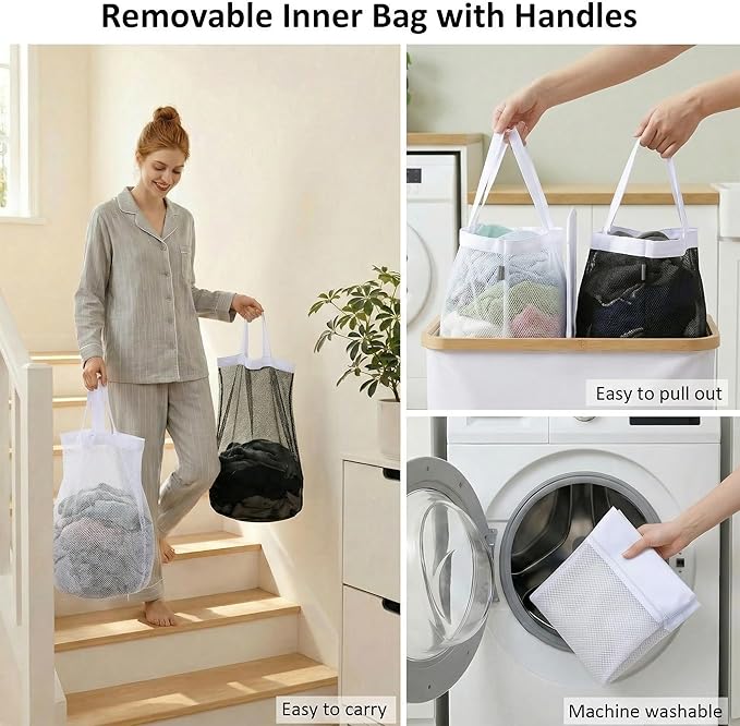 efluky Laundry Hamper with Lid, Double Laundry Basket with 2 Removable Bags, 2 Section Laundry Bin with Bamboo Handles for Bathroom, Bedroom & Laundry Room, 140L (36.9 Gallon) White