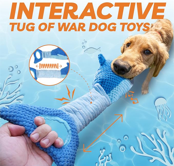 LEGEND SANDY Squeaky Dog Toys for Large Dogs – Interactive Plush Shark Toy with Crinkle & Tug of War Tail, Puppy Chew Toys for Small Medium Large Breeds