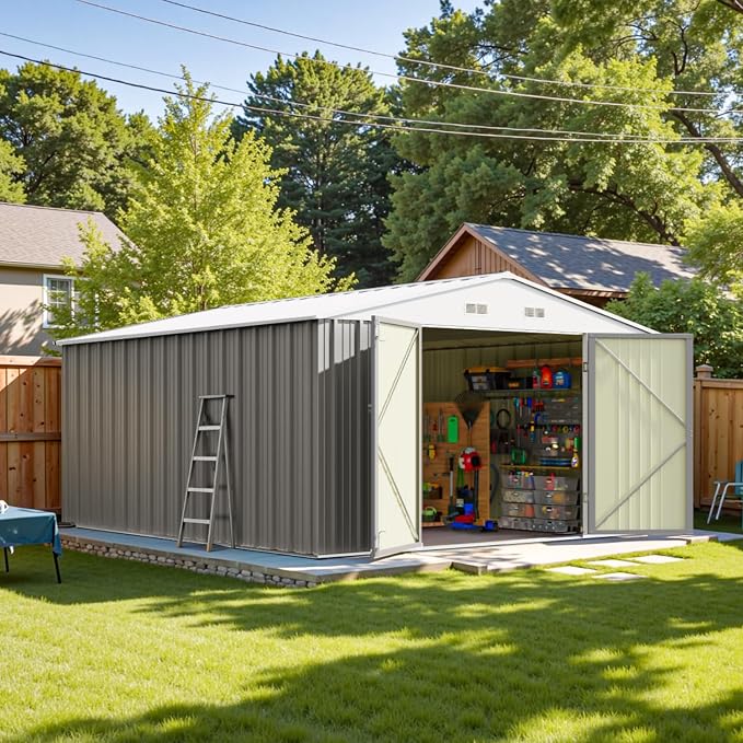 Patiowell 10x12 FT Metal Outdoor Storage Shed, Gray | Large Steel Yard Shed, Lockable Doors, Utility and Tool Storage Sheds for Garden, Backyard, Patio, Outside Use